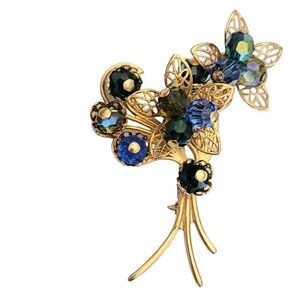 Gold Tone Blue Aurora Borealis Filigree Flower Bunch Brooch K550